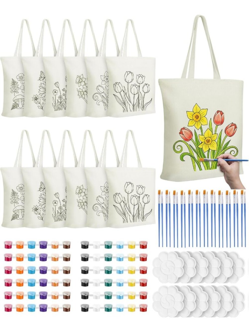 12 Pack Floral Canvas Tote Bag Painting Kit - DIY Art Set with Paints & Brushes
